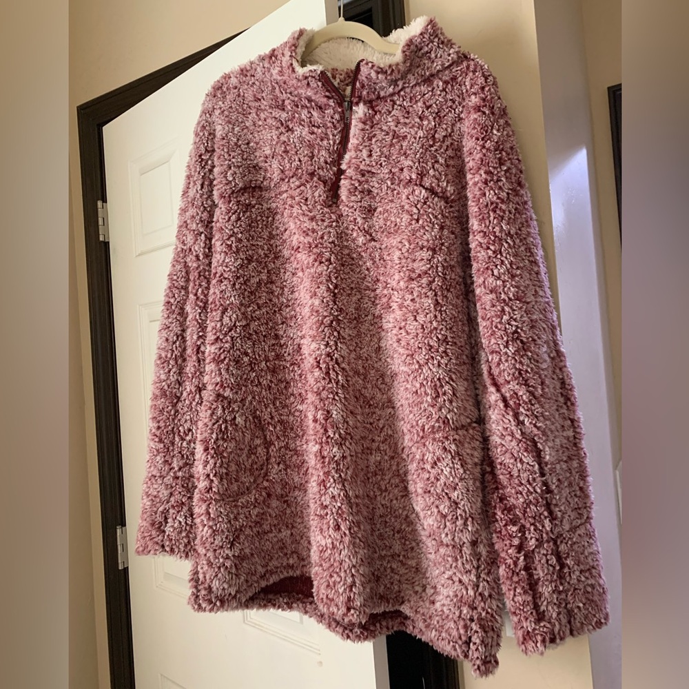 Burgundy and white Sherpa zip up hoodie